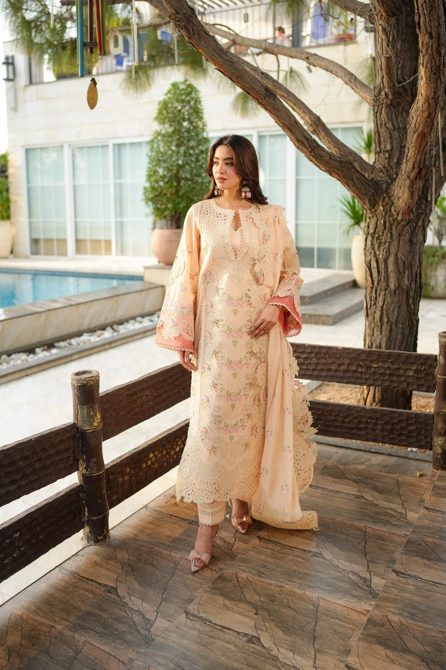 Aneelas -CHIKANKARI EMBROIDERED SHIRT WITH KHADDI NET EMB DUPATTA AND TROUSER NEL-520