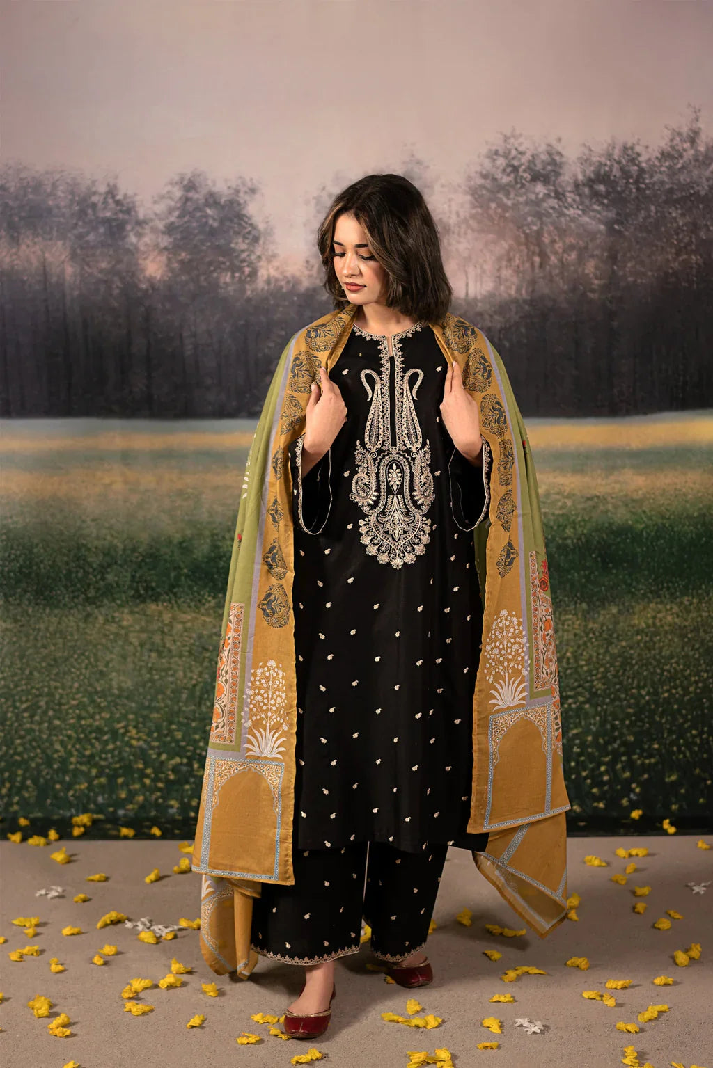 URGE-3PC DHANAK EMBROIDERED SUIT LEH-4154