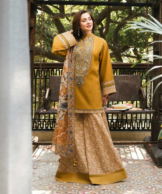 SAPPHIRE-3PC KHADDAR PRINTED EMB SUIT NEH-2668