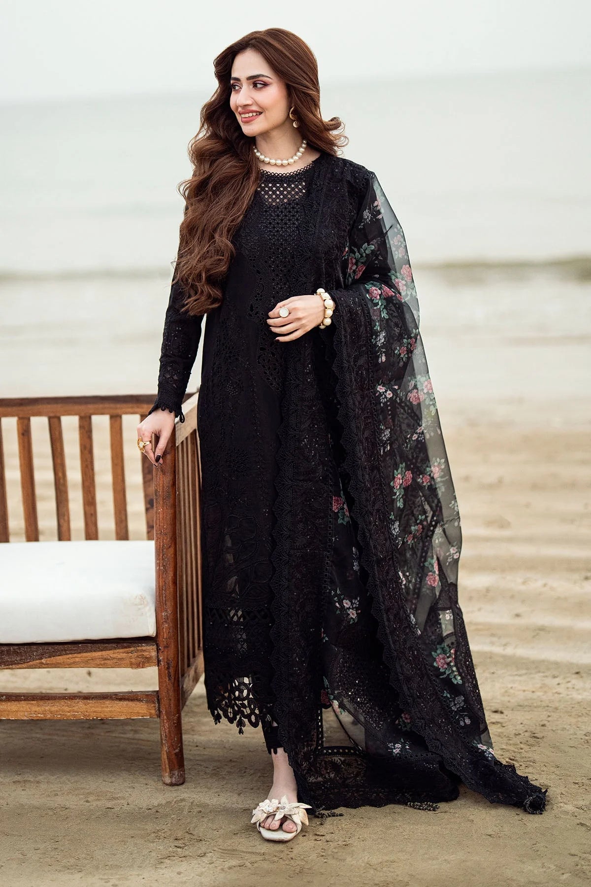 NUREH-3PC LAWN CHIKENKARI LASER EMBROIDERED SUIT-NEL-567