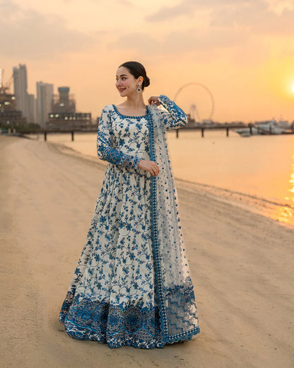 FAIZA SAQLAIN-FROCK 3PC LAWN EMBROIDERED SHIRT WITH NET EMBROIDERED DUPATTA AND TROUSER-NEL 4886