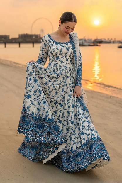 FAIZA SAQLAIN-FROCK 3PC LAWN EMBROIDERED SHIRT WITH NET EMBROIDERED DUPATTA AND TROUSER-NEL 4886