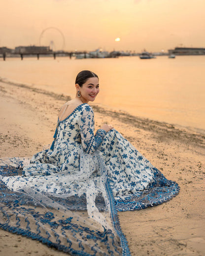 FAIZA SAQLAIN-FROCK 3PC LAWN EMBROIDERED SHIRT WITH NET EMBROIDERED DUPATTA AND TROUSER-NEL 4886