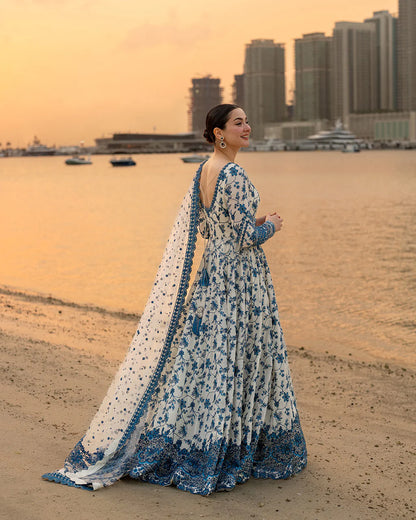 FAIZA SAQLAIN-FROCK 3PC LAWN EMBROIDERED SHIRT WITH NET EMBROIDERED DUPATTA AND TROUSER-NEL 4886