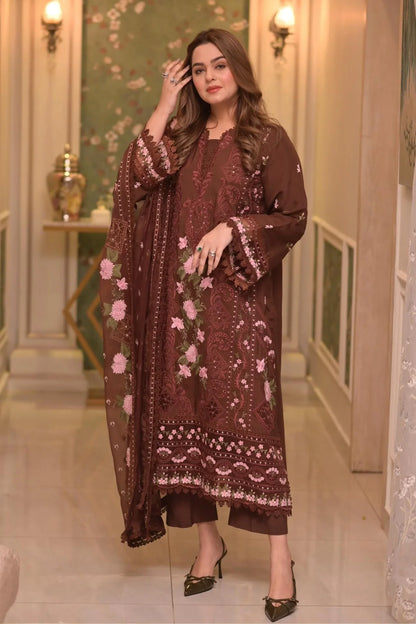 Lawn Unstitched 3pc Embroidered Collection with Chiffon Dupatta NEL-701