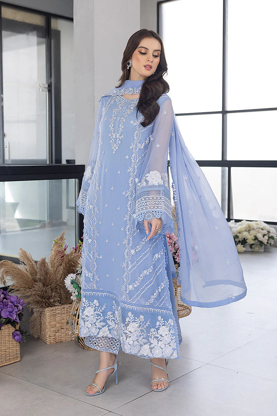 AZURE-3PC ORGANZA EMBROIDERED SUIT-NEL-990