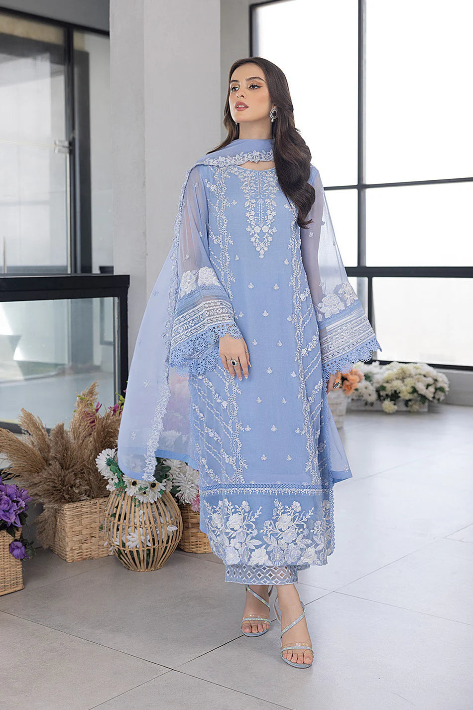 AZURE-3PC ORGANZA EMBROIDERED SUIT-NEL-990