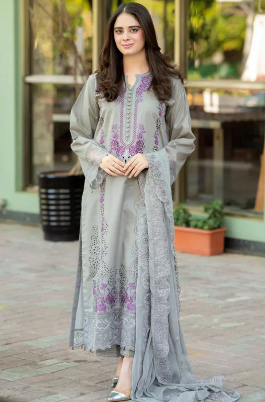 LIBASS-3PC LAWN CHICKENKARI EMBROIDERED SUIT-NEL-4012