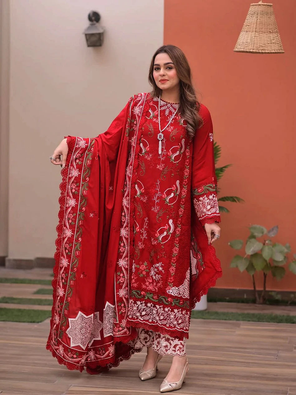 ANEELAS-3PC LAWN CHIKAN EMBROIDERED SHIRT WITH LAWN EMB DUPATTA AND TROUSER-NEL-1025