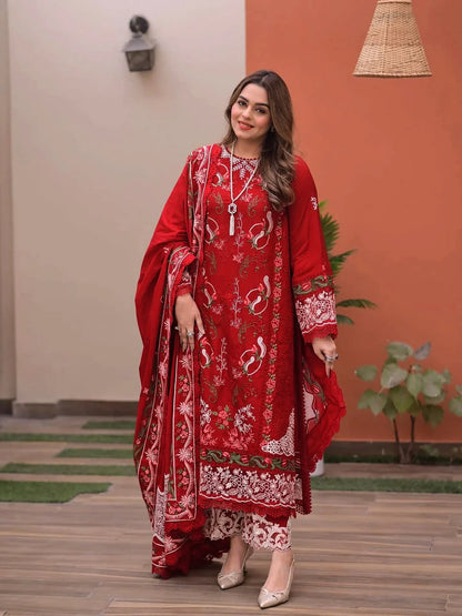ANEELAS-3PC LAWN CHIKAN EMBROIDERED SHIRT WITH LAWN EMB DUPATTA AND TROUSER-NEL-1025