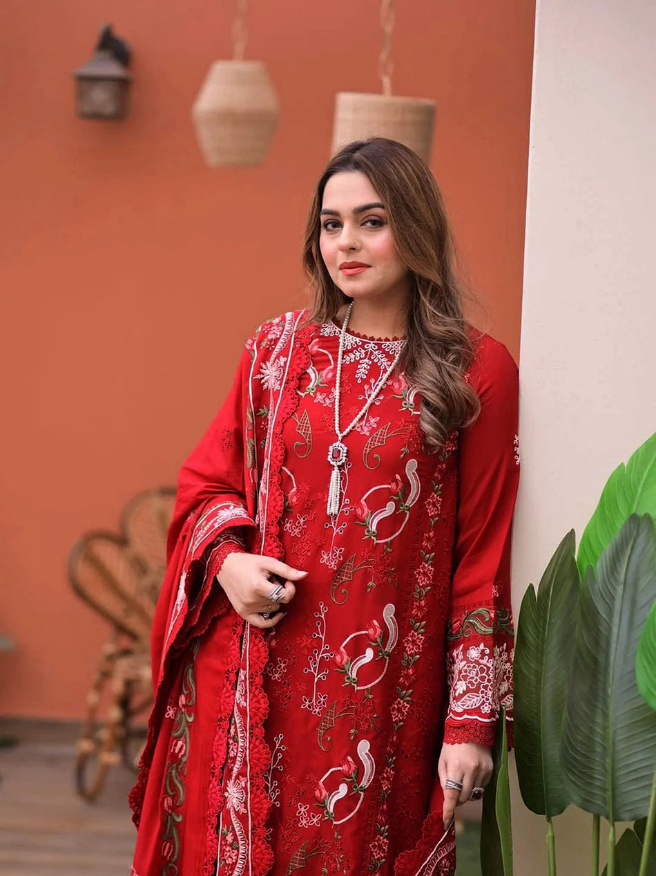 ANEELAS-3PC LAWN CHIKAN EMBROIDERED SHIRT WITH LAWN EMB DUPATTA AND TROUSER-NEL-1025