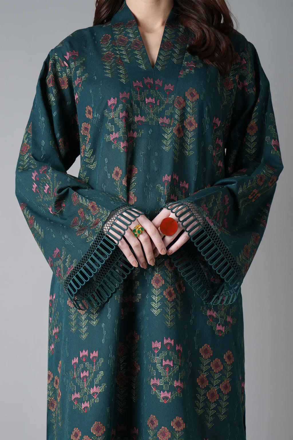 BAREEZE-3PC DHANAK EMBROIDERED SUIT LEH-4395