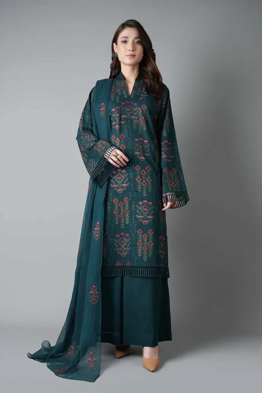 BAREEZE-3PC DHANAK EMBROIDERED SUIT LEH-4395