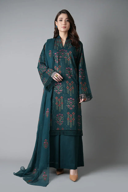 BAREEZE-3PC DHANAK EMBROIDERED SUIT LEH-4395